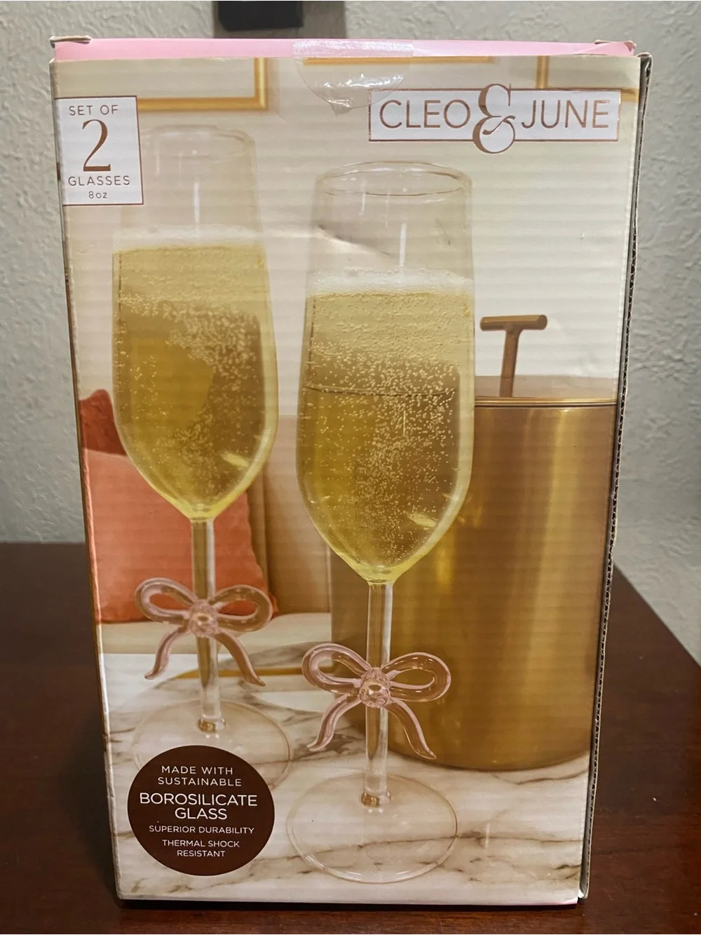 Cleo & June, Set of 2, 8 oz, Bow Champagne Glasses